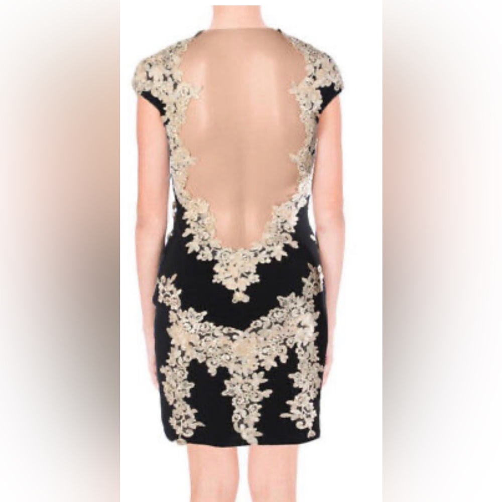 JVN by JOVANI ~ black Ponte  cream Lace Applique Formal Mini Dress -